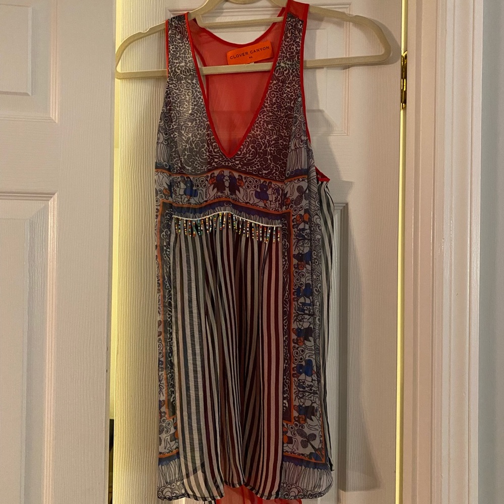 Clover Canyon V-Neck Sheer Tank | Red & Blue Design | S